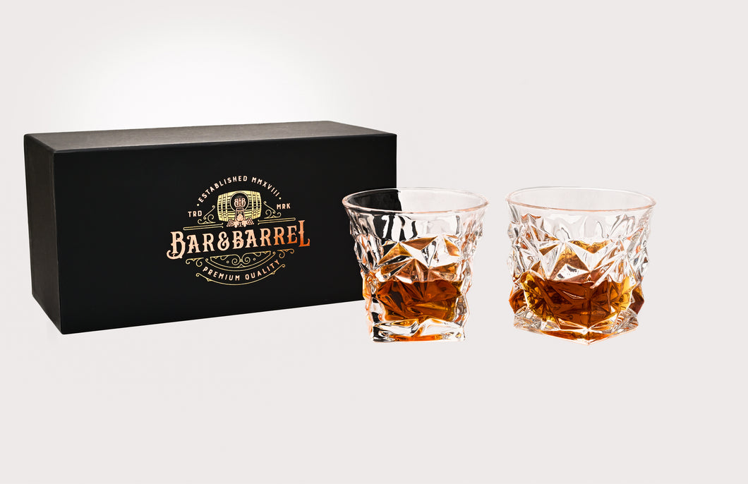Bar & Barrel - Premium Diamond Cut Crystal Whiskey Glasses Twin Set
